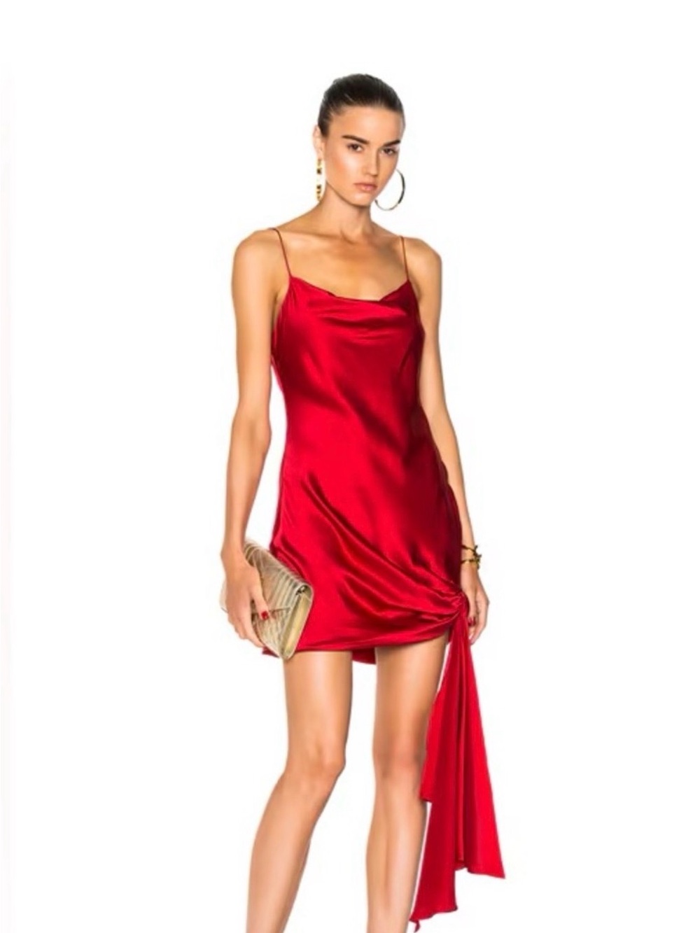 cinq a sept Red Satin Asymmetrical Slip Dress with Draped Side Tail